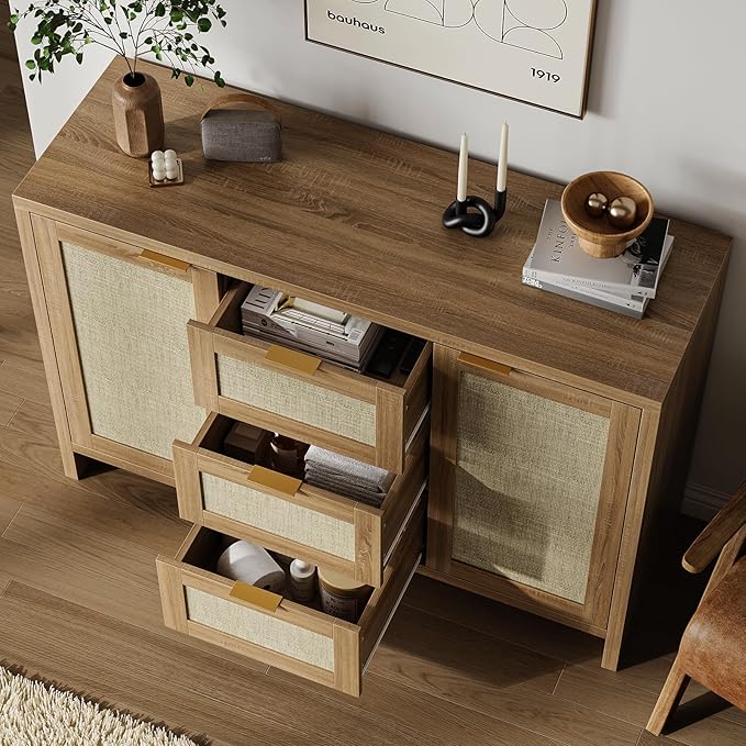 Modern Rattan Buffet Cabinet Sideboard with Storage,47" Boho Credenza Buffet Console Table with Drawers&Doors,Wooden Coffee Bar Cabinet for Entryway/Living Room/Farmhouse(Natural Oak,1pc)