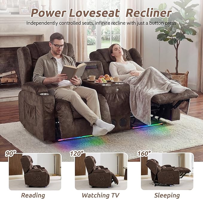 SAMERY Loveseat Recliner Sofa, Power Reclining Loveseat Sofa, Wall Hugger Recliners RV Couch with Console, Lift-Top Table, Rhythm & Ambient LED Lights, USB-C, Outlets, Velvet, Chestnut | Extra Wide Seat, Plush Padding, Dual Power Recline, Lift-Up Table...
