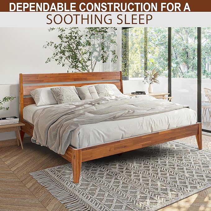 Acacia Emery Bed Frame with Headboard Solid Wood Platform Bed, King Size Bed Frame, Mid - Century Modern Wood Bed Compatible with All Mattresses, Easy Assembly, Non-Slip (Caramel, Queen)