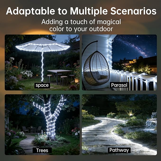 Solar Roep Lights for Outside, 2 Packs Total 66ft 200 LED Solar String Lights with 8 Modes, Waterproof Solar Outdoor Light for Patio Garden Party Tree Proch Pool Holiday Xmas Decor-White