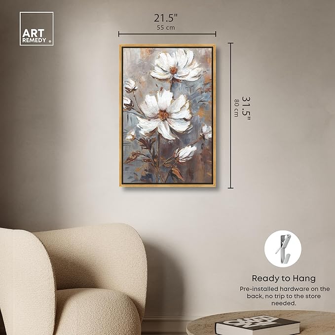 Art Remedy White Textured Flowers Canvas Elegant Floral Wall Art, Gold Frame, 20" x 30"