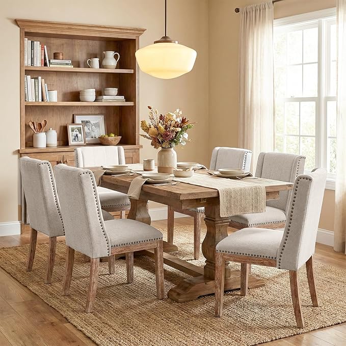 Dining Chair Set of 6, Upholstered Fabric Kitchen Side Chairs with Solid Wood Legs, Comfortable Seating for Kitchen, Dining Room & Restaurant, Camel