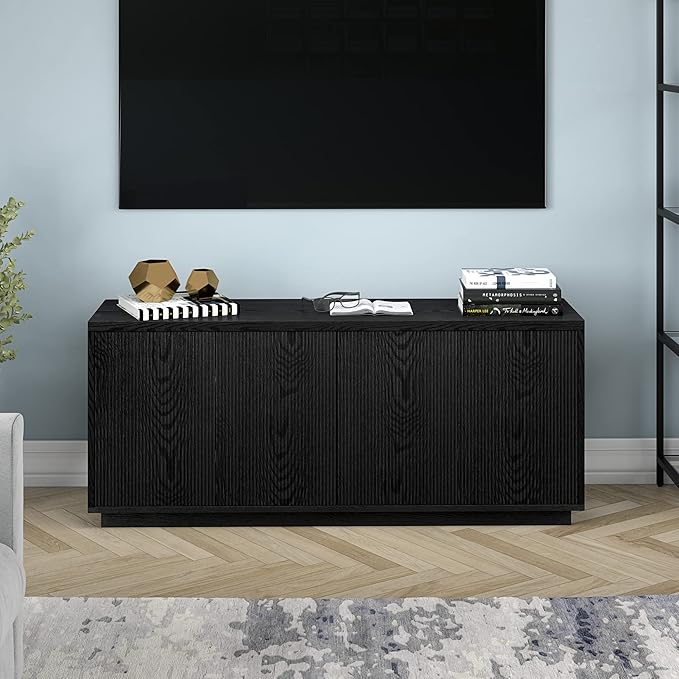 Henn&Hart Fluted TV Stand for TVs up to 65" with 2 Concealed Ribbed Storage Cabinets and Adjustable Shelves for Living Room, Family Room, or Office, Black Grain
