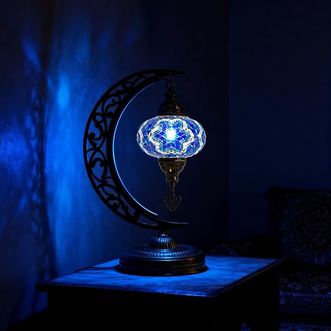 Mozaist Moroccan Mosaic Crescent Shape Table Lamp, Turkish Moon Tiffany Style Handmade Desk Dim Light, Farmhouse Living Room Luna Lighting, Unique Turkish Gift with E12 Socket & US Plug (Sea Blue)