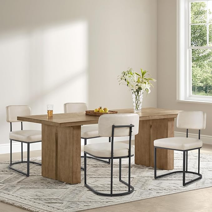 Dining Chairs Set of 6, Upholstered Modern Kitchen Chairs with Ergonomic Backrest, Faux Leather Cushion Seat & Metal Legs for Living Room, Restaurant, and Café, Cream, 2 Boxs