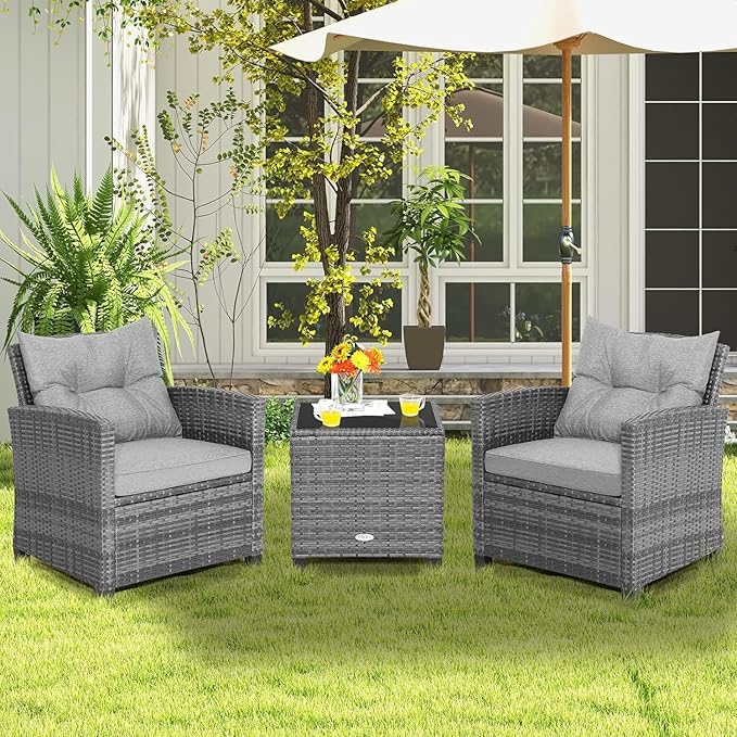 LDAILY Patio Furniture Set, 3 Pieces PE Rattan Wicker Patio Sofa Chairs with Washable Cushion & Glass Table, Outdoor Furniture Conversation Sets for Porch, Balcony, Garden, Poolside (Gray)