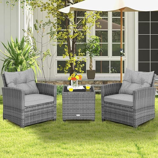 LDAILY Patio Furniture Set, 3 Pieces PE Rattan Wicker Patio Sofa Chairs with Washable Cushion & Glass Table, Outdoor Furniture Conversation Sets for Porch, Balcony, Garden, Poolside (Gray)