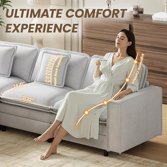 MALOL Modular Sectional Sofa 107", Comfy Cloud Couch with Ottoman, Deep 4-Seat L Shaped Modular Sofa, Couches with Throw Pillows for Living Room, Light Grey