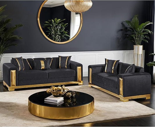 Furniture of America Samison II Glam 2-Piece Solid Wood Upholstered Sofa Set with Accent Pillows, Damask Pattern and Gold Base, Comfortable Couch and Loveseat for Living Room, Bedroom, Office, Black