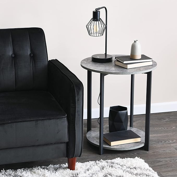 Household Essentials Jamestown Round Side End Table with Storage Shelf Rustic Slate Concrete and Black Metal