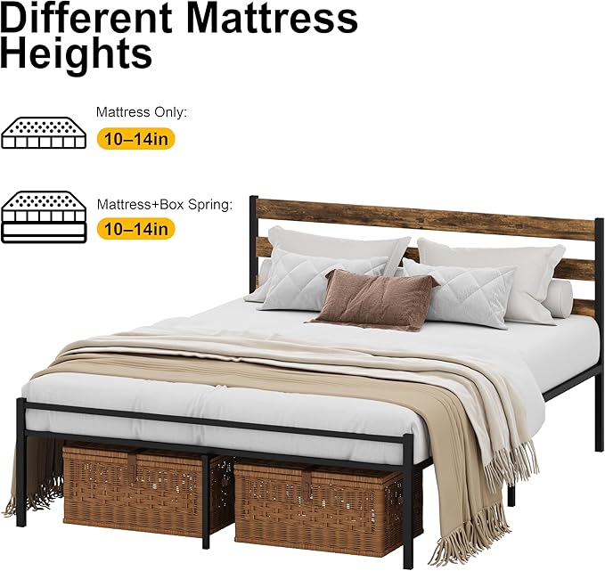 Metal Platform Queen Bed Frame with Headboard, Queen Size Bed Frame 59.8W x 82.7L x 36.2H inches, Wood and Faux Leather, Walnut (Walnut Colour, Queen)