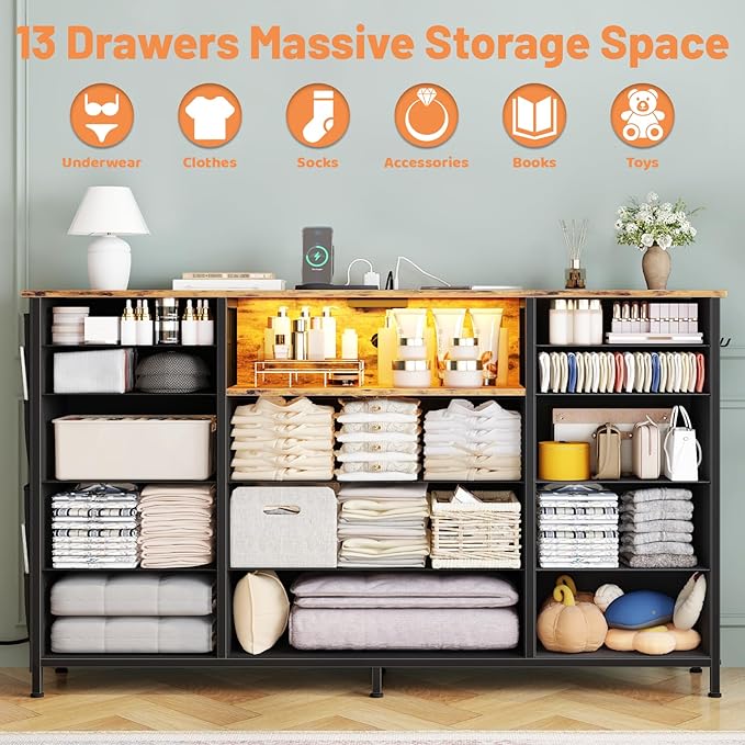 HCHQHS Dresser for Bedroom with 13 Drawers, 47 Inch Fabric Dresser with Remote Control Lights, Side Pockets & Hooks for Closet or Large TV Stand (Rustic Brown)