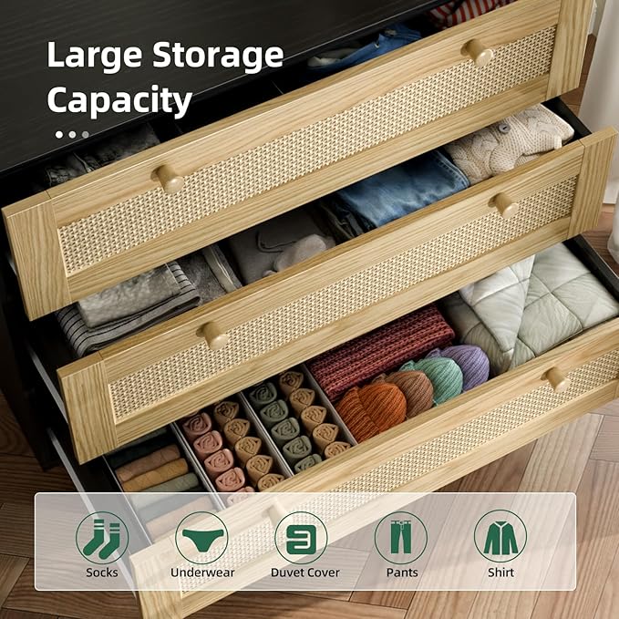 3 Drawer Rattan Dresser for Bedroom, Modern Wooden Dresser Chest with Handles for Bedroom, Hallway and Living Room, Black