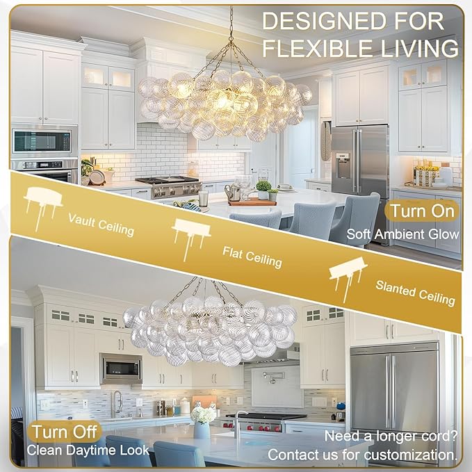 51" Large Gold Bubble Chandelier, 9-Light Modern Hand Blown Glass Chandelier Light Fixture, Rectangle Chandeliers for Dining Room Living Room Kitchen Island Foyer Entryway(Brush Brass Finish)