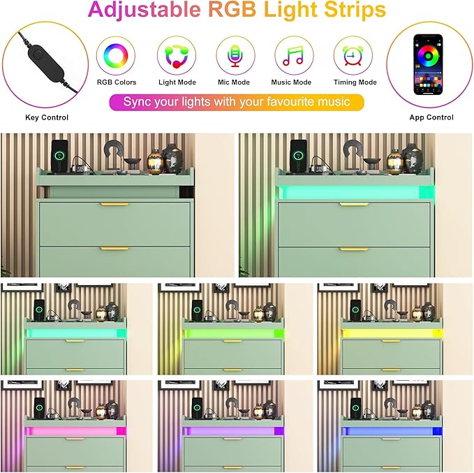Tall Dresser for Bedroom, Dresser with LED Lights, Wood 5 Drawer Chest with Power Outlet, Modern Chest of Drawers for Bedroom, Living Room, Entryway, Hallway, Green