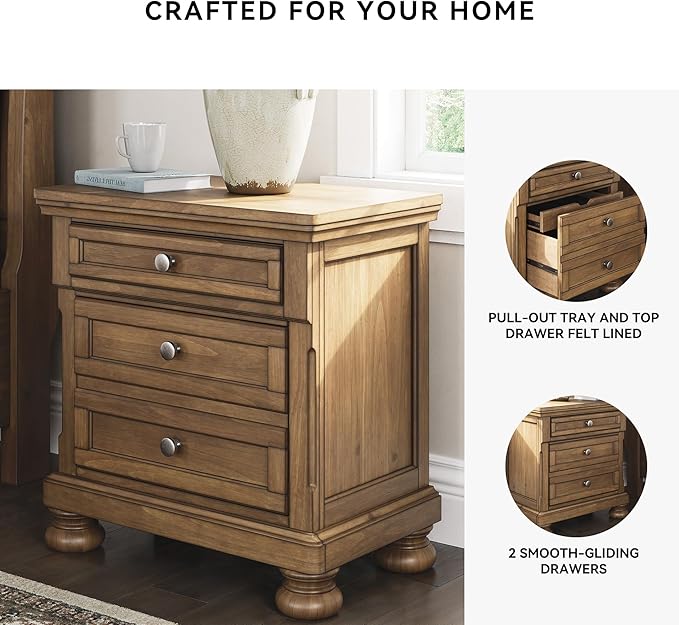 Signature Design by Ashley Glarrison Classic 3-Drawer Nightstand with Felt-Lined Top Drawer and Pull-Out Tray, Poplar Wood, Pine Veneer, Metal Knobs with Pewter-Tone Finish, 29.88" High, Light Brown
