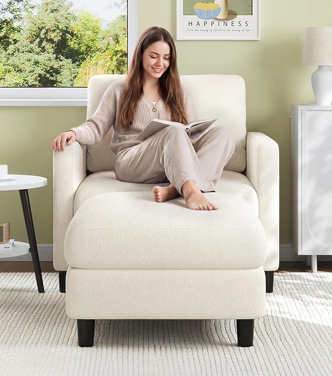 Welzona Sofa Accent Chair with Ottoman, 33" Reading Chair and Ottoman Set for Bedroom, Tool-Free Setup Living Room Accent Chairs, Comfy Arm Chairs Living Room, All-Wood Reading Nook, Beige