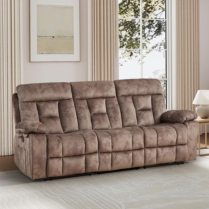 EBELLO Reclining Sofa for Living Room, Extra Wide Modern Overstuffed 3 Seat Recliner Manual Sofa with Hidden Armrest Cup Holders, Soft Breathable Fabric and Padded Seat, Brown