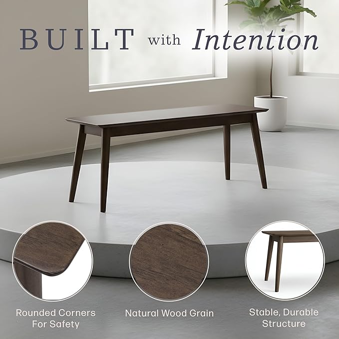 Alaterre Furniture Calais Dining – Mid Century Modern 46-Inch Solid Wood Dining Bench – Entryway Bench with Minimalist Design for Entryway, Dining Room, Kitchen, or Bedroom (Walnut Finish)