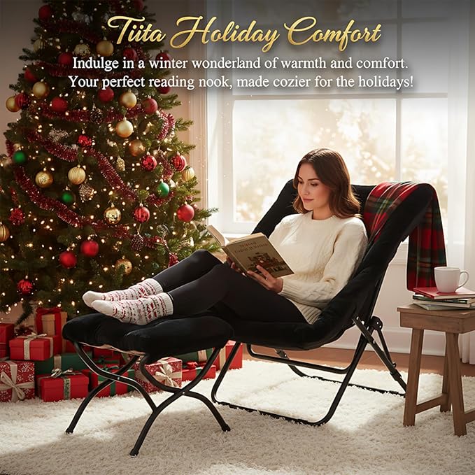Tiita Folded Chair with Ottoman, Soft Faux Fur Oversized Folding Accent Chair,Lazy Chair, Metal Frame Moon Chair for Bedroom, Living Room, Dorm Rooms, Garden and Courtyard