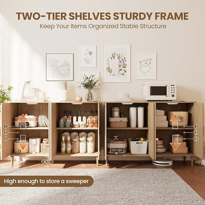 Rattan Sideboard Buffet Cabinet, Boho Accent Storage Cabinet, 4 Doors Console Table Coffee Bar with Power Outlet, Adjustable Shelves for Kitchen, Dining Room, Hallway, Living Room