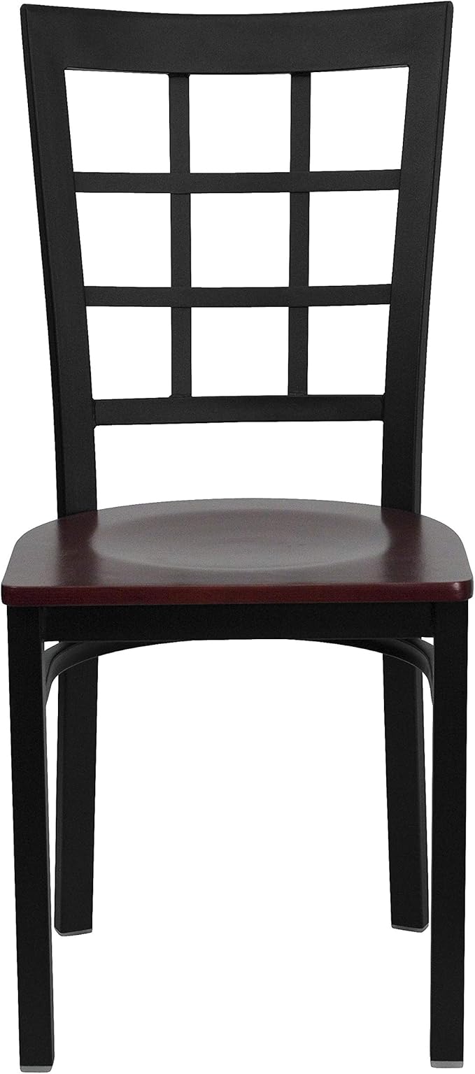 Flash Furniture HERCULES Series Black Window Back Metal Restaurant Chair - Mahogany Wood Seat