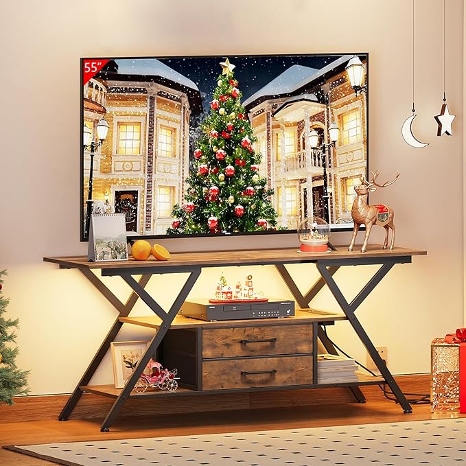 TV Stand with Power Outlet and LED Lights, Fits TVs up to 65”, 2 Fabric Drawers Entertainment Center with Open Storage Shelves, Media Console for Living Room, Bedroom (Rustic Brown)