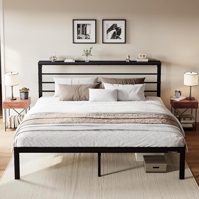 SHA CERLIN King Size Bed Frame with Headboard Shelf and Strong Metal Foundation, No Box Spring Needed, Black