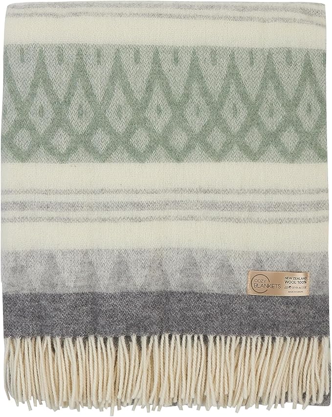 New Zealand Virgin Wool Throw Blanket, Indoor & Outdoor Blankets and Throws, Soft Blanket with Fringes, 55 x 79 in (140 x 200 cm), Green Gray Beige