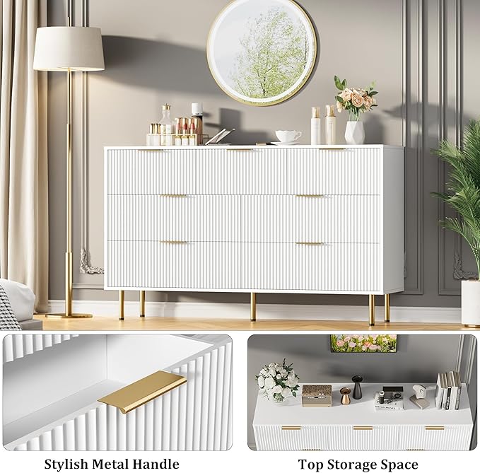 GAOMON 7 Drawer Dresser for Bedroom Chest of Drawers, 55" Wide Fluted Dresser with Drawers, Modern Wooden Double Dressers with Metal Handles for Living Room, Hallway