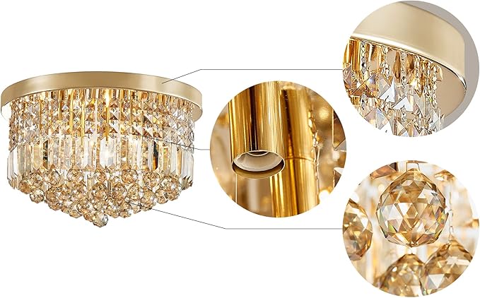 Saint Mossi 9 Light Modern K9 Crystal Raindrop Chandelier Lighting, Flush Mount, Perfect for Dining Room Bedroom; E12 Bulb Base; Height 11" x Diameter 20"; Champagne Crystal & Gold Finish
