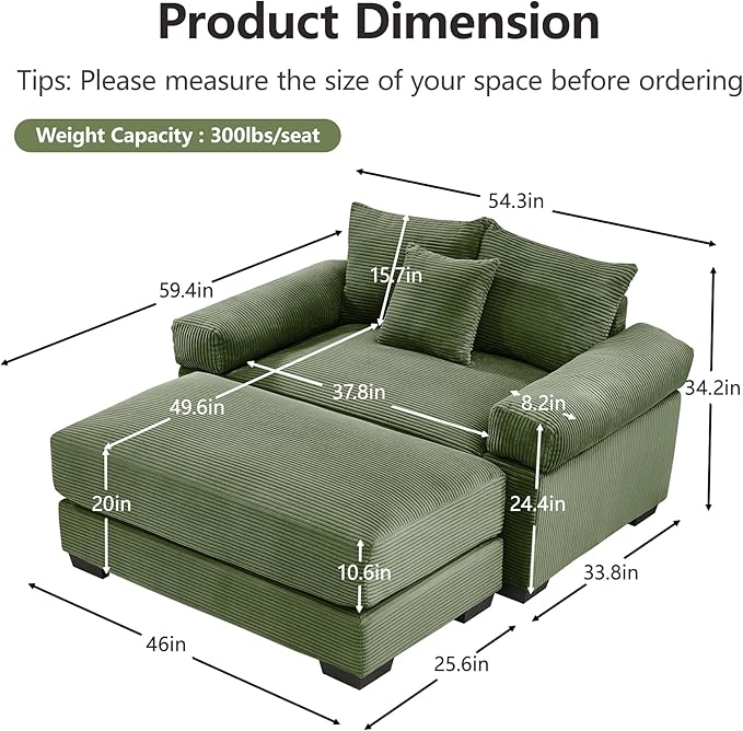 KEIKI 54" Oversized Corduroy Modular Sectional Single Sofa with 1 Ottoman, High-Density Foam Cushions, Extra-Thick Armrests, Modern 1-Seater Lounge Accent Chair with 3 Pillow, for Living Room, Green