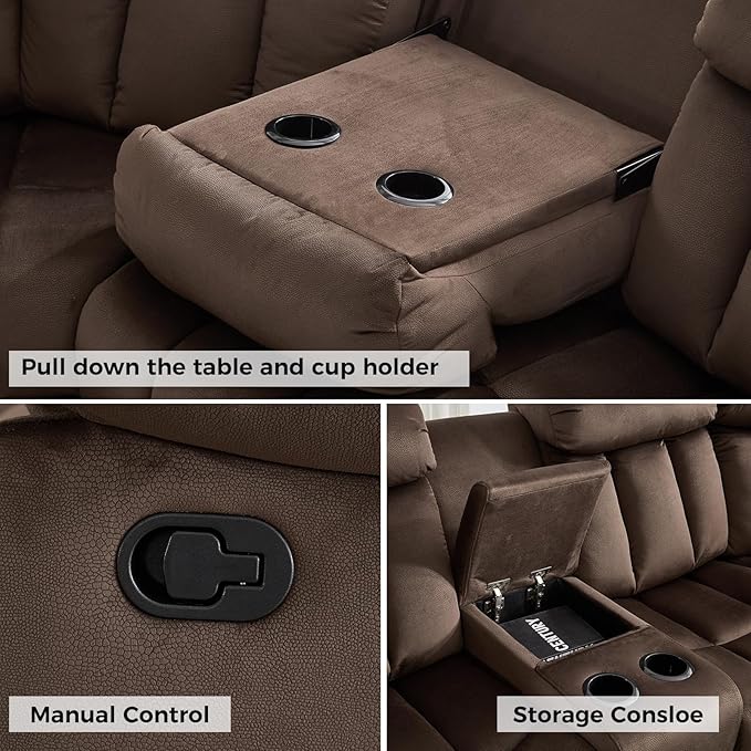 EBELLO Manual Reclining L-Shaped Sectional Sofa Set, Soft Fabric Corner Couch with Center Console, Cup Holders and Storage – Perfect Living Room Home Set Furniture(Sectional+Chair)