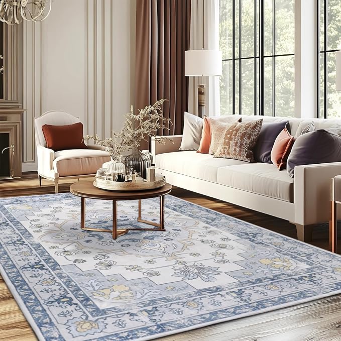 MOSISO 4x6 Area Rug for Living Room, Washable Area Rug, Non-Slip Vintage National Area Rugs, Low Pile Carpet, Faux Wool Rectangular Area Rugs Carpet for Living Room Bedroom Dining Room, Home, Blue