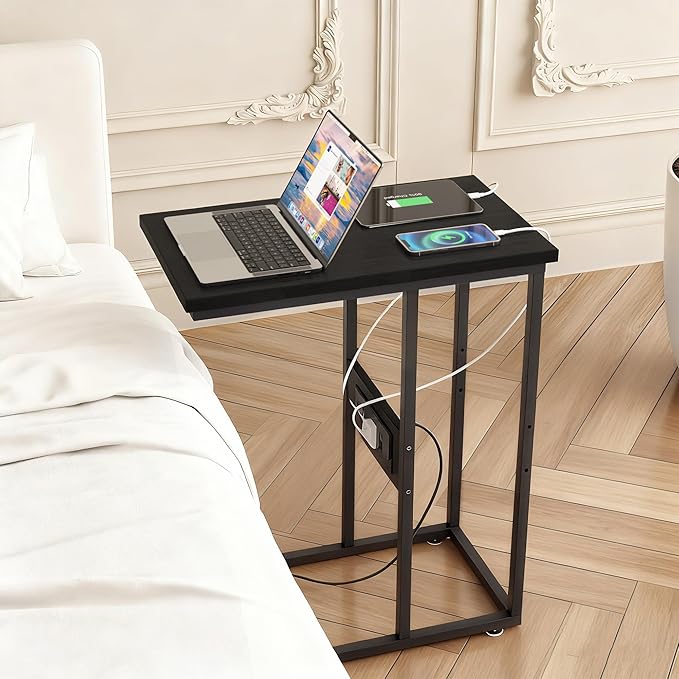 VECELO C-Shaped End Side Table Set of 2, with Charging Station & Two USB Ports and Outlets for Living Room, Bedroom, with Adjustable Feet for Couch/Sofa, Bedside, Small Spaces， Black