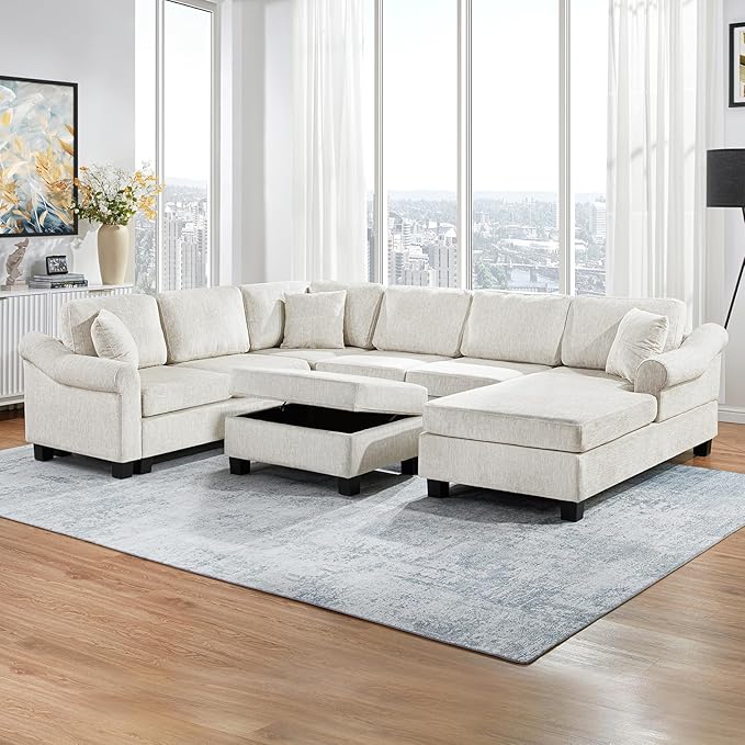 ERYE 112-Inch U-Shaped Sectional Sofa with Movable Storage Ottoman, Oversized Chenille Upholstered Corner Modular Sofa Couch W/Right Facing Chaise Lounge and 3 Toss Pillows