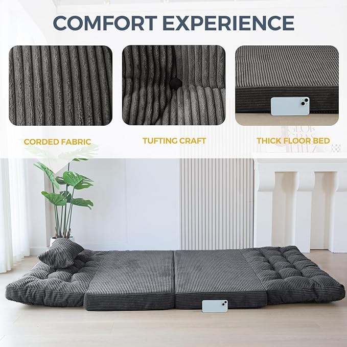 MAXYOYO Folding Sofa Bed, Tufted Bean Bag Bed with Pillows Floor Mattress for Adults, Extra Thick and Long Floor Sofa, Twin Couch Bed for Bedroom Living Room, Dark Grey, 39x91 Inch