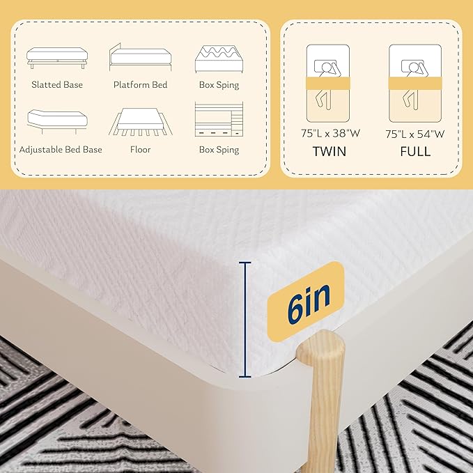 MLILY EGOHOME Twin Mattress for Kids, 6 Inch Green Tea Gel Cooling Memory Foam Bunk Bed Mattress in a Box, Made in USA CertiPUR-US Certified, Medium Firm Trundle Mattress, White