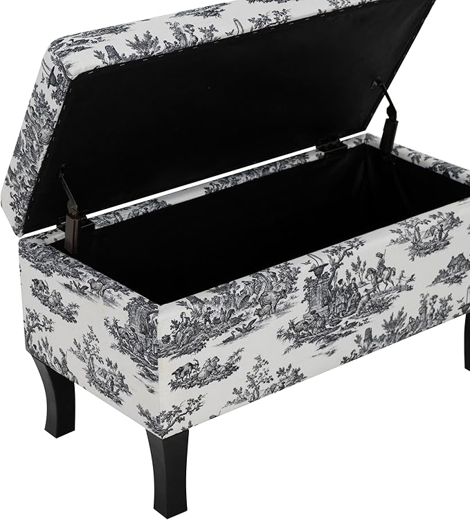 Linon Stephanie Black and White Toile Fully Upholstered Bench with Hidden Interior Storage
