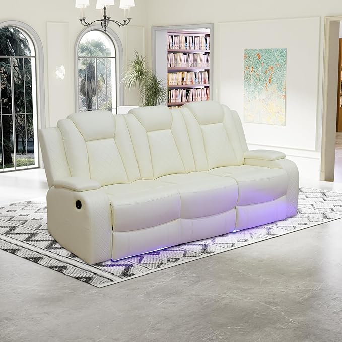 Power Recliner Sofa and Loveseat Set, Breathing Leather Living Room Set, 2 Piece Reclining Couch Set with LED Lighting/Cup Holders/Storage/USB Port (Cream White)