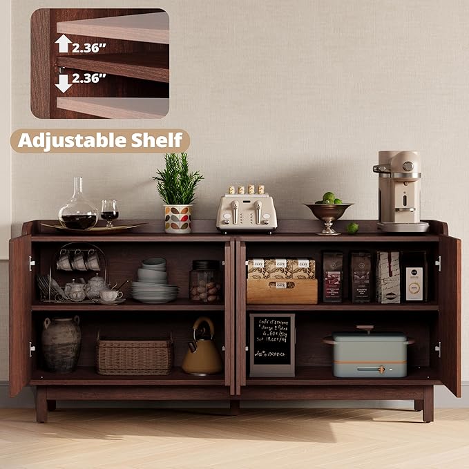 IRONCK Storage Cabinet, Buffet Cabinet with Grille Doors and 2 Adjustable Shelves, Mid Century Sideboard for Kitchen, Dining Room, Entryway（Natural Red Walnut）