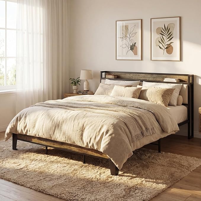 LIKIMIO California King Bed Frame, Storage Headboard with Charging Station, Solid and Stable, Noise Free, No Box Spring Needed, Easy Assembly (Walnut and Beige)