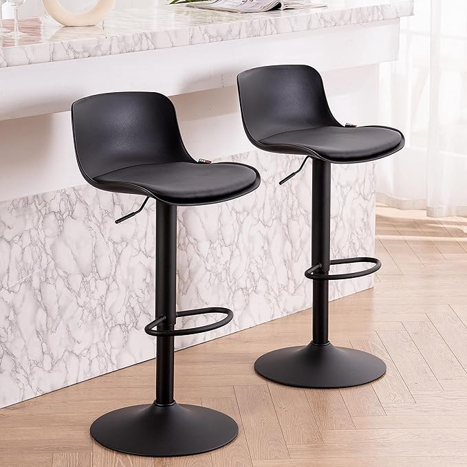 YOUTASTE All Black Bar Stools Set of 2, Adjustable Swivel Counter Height Barstools with Back, Plastic&PU Leather Cushioned Bar Chair Seats, Metal Footrest, Black Round Base for Kitchen Island