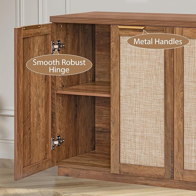 HOMMPA 55'' Sideboard Buffet Cabinet with Storage Boho Kitchen Buffet Cabinet with 4 Doors and Adjustable Shelves, Rattan Credenza Wood Coffee Bar Cabinets/Table for Living Room, Hallway & Kitchen