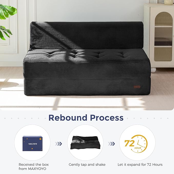 MAXYOYO 8" Folding Sofa Bed, Convertible Sleeper Sofa Lounger Foldable Mattress, Wedge Shape Floor Couch Tufted Fold Out Chair Bed Comfy Floor Couch Lounge for Living Room Bedroom, Loveseat, Black