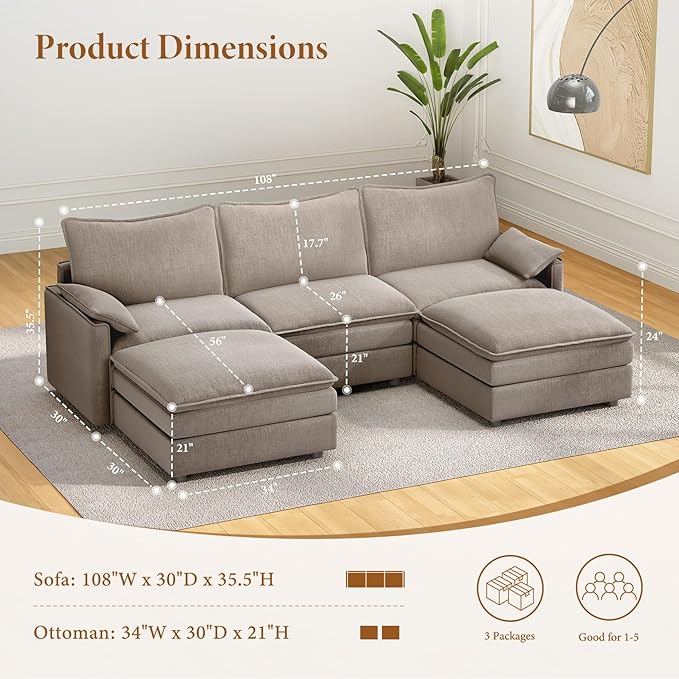 Vesgantti 108" U Shaped Sectional Couch, Comfy Cloud Modular Sectional Sofa with 2 Ottoman Deep Seat Chenille Modern Cloud Sofa, Modular Sofas for Living Room, Bedroom and Apartment, Light Brown | Sink-in Comfort, Height Adjustable, Easy Rearrangement,...