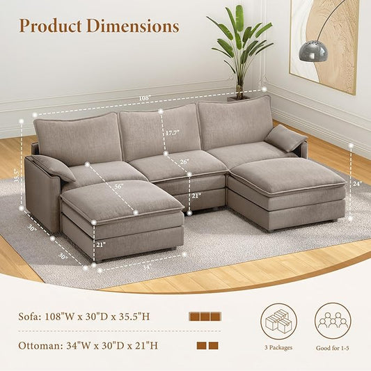 Vesgantti 108" U Shaped Sectional Couch, Comfy Cloud Modular Sectional Sofa with 2 Ottoman Deep Seat Chenille Modern Cloud Sofa, Modular Sofas for Living Room, Bedroom and Apartment, Light Brown | Sink-in Comfort, Height Adjustable, Easy Rearrangement,...