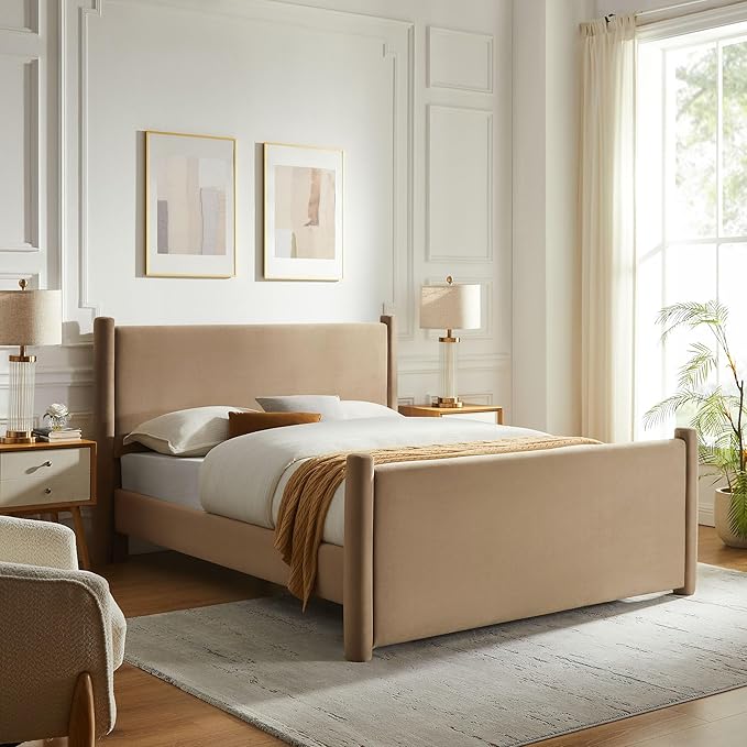 Modway Rael Queen Platform Bed Frame with Upholstered Headboard and Footboard in Taupe – Stain-Resistant Performance Velvet Queen Size Bed with Rounded Posts