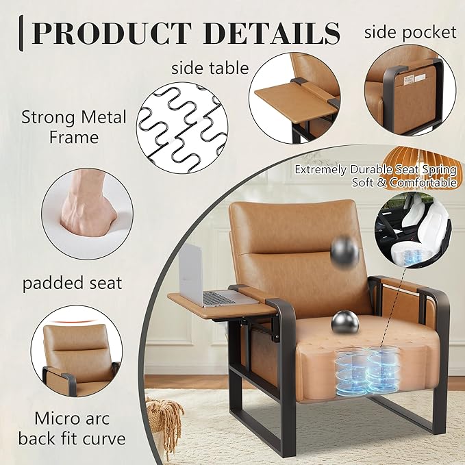 Upholstered Living Room Chair Armchair, Mid Century Faux Leather Metal Accent Chair, Reception Couch Office Guest Chair Slipper Club Lounge Single Sofa with Sidetable for Bedroom-Light Brown