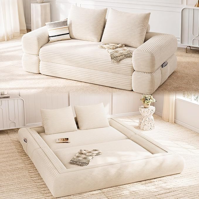 Jocoevol 4-in-1 Convertible Folding Sofa Bed, 68"L x 78"W Queen Size Foldable Sleeper Sofa Bed, Wide Corduroy Upholstery, Boneless Mattress Couch with Armrests & Neck Pillow for Living/Bedroom, Beige